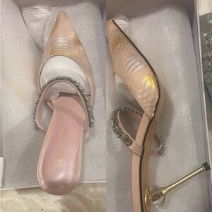 Pink Crystal-Embellished Pointed Mule with Gold Heel